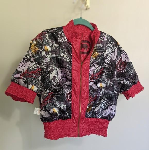 ecko red puffer jacket, half sleeve, lg. graffiti art. urban 90s, y2k hip hop. - Picture 9 of 12